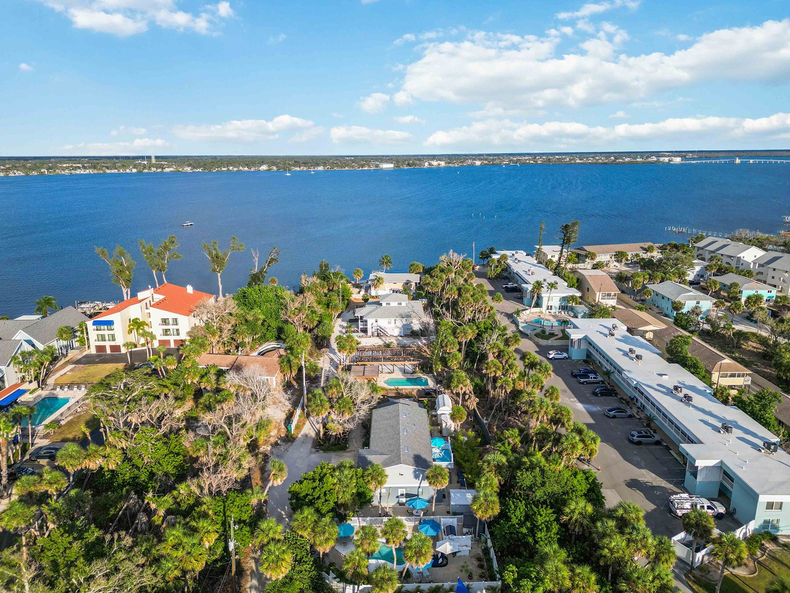 Aerial view of Lemon Bay and the Manasota Key waterfront near Gecko House