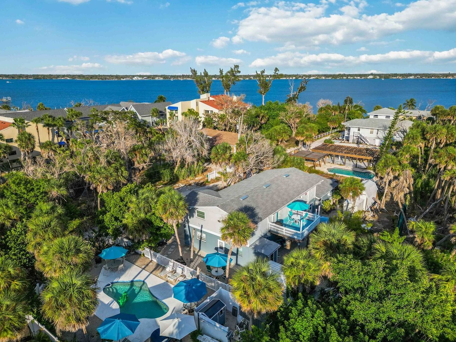 Aerial view of the Gecko House property with its pool and teal umbrellas