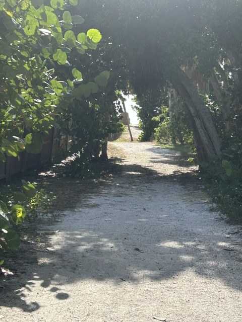 Shaded sandy path leading to the private beach access at Gecko House