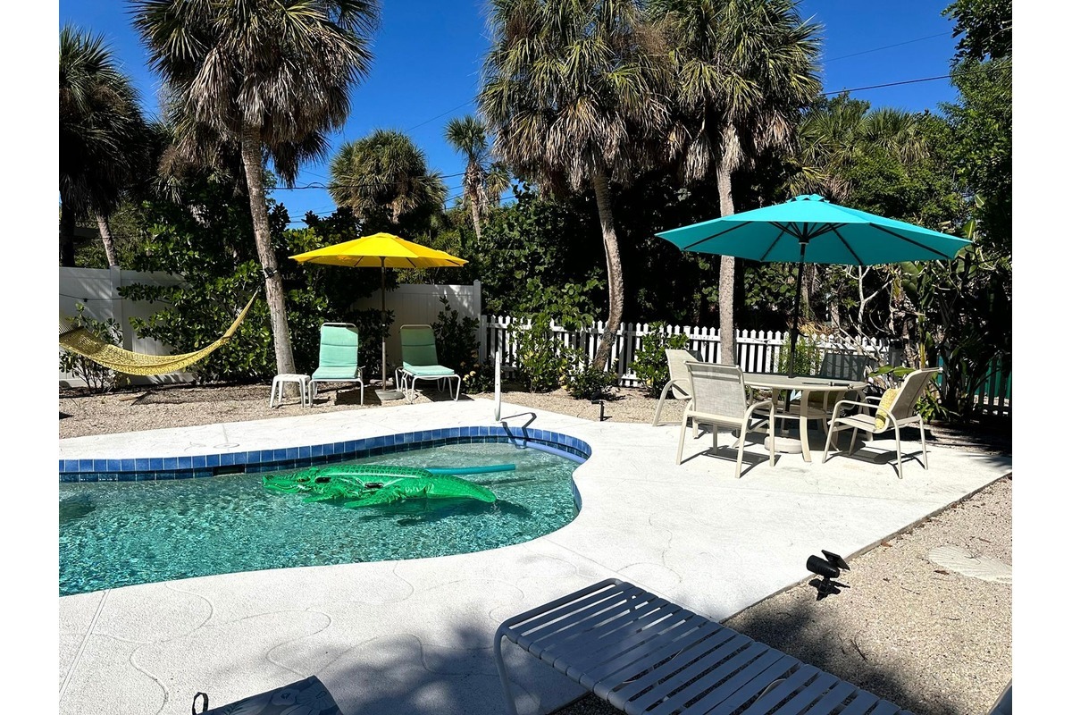 Pool area at Gecko House with a hammock, shaded seating and dining table