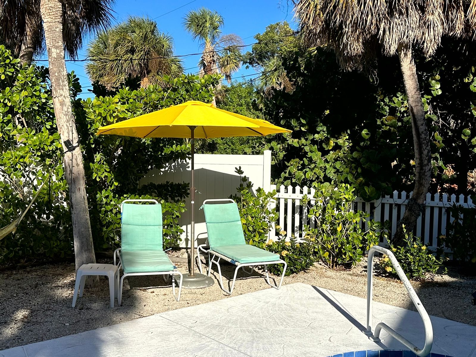 Poolside loungers and umbrella beside the pool at Gecko House