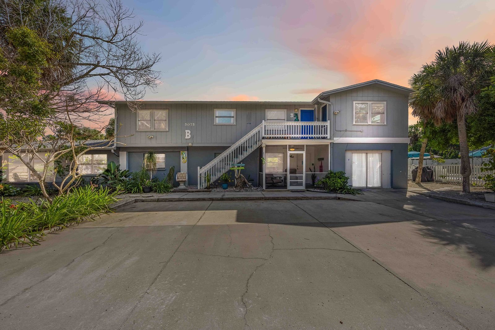 Gecko House at sunset - all four vacation rental units, Manasota Key, Florida